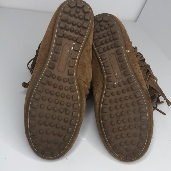 Minnetonka Brown Suede Leather Double Fringe Slide-on Moccasins Ankle Boots - Picture 7 of 10